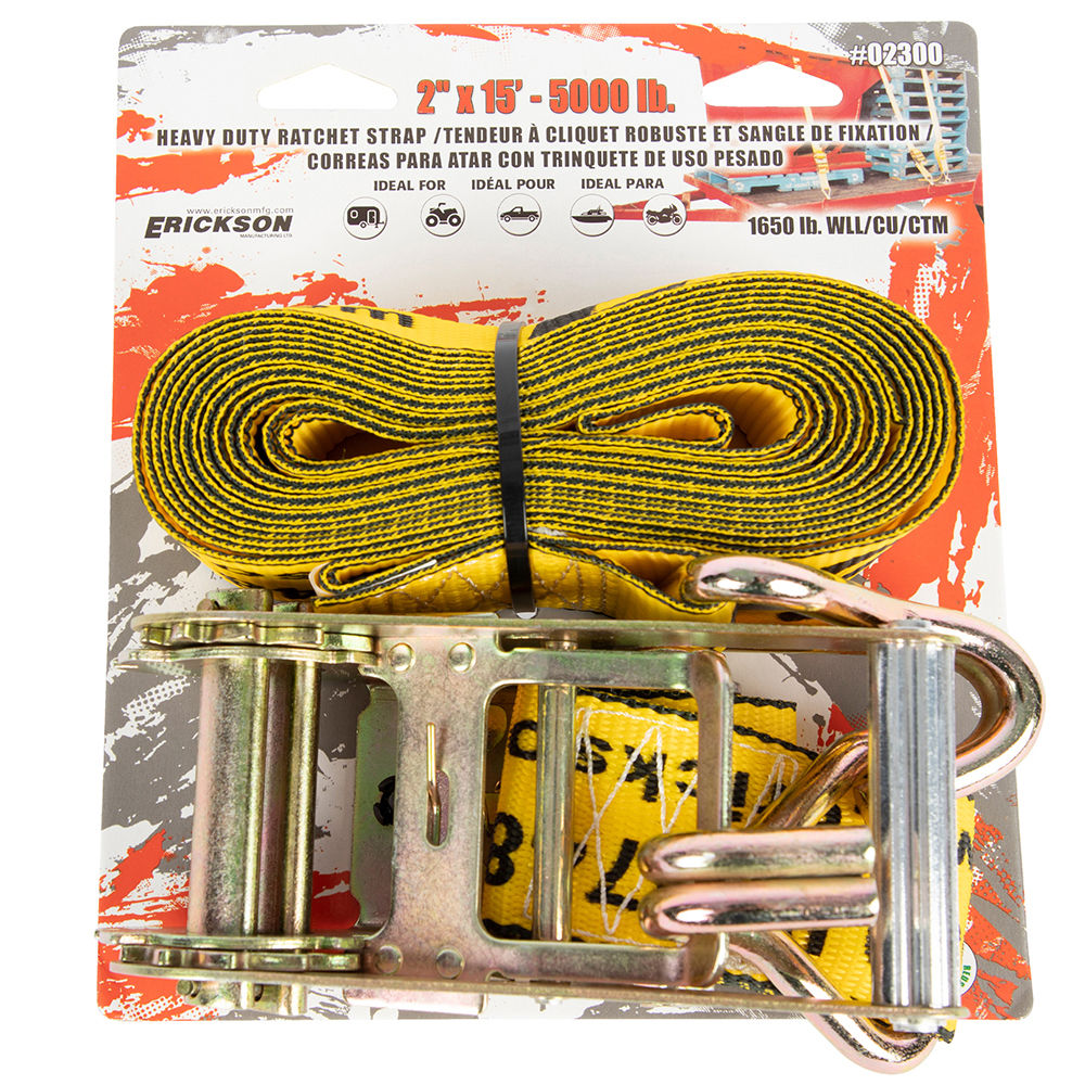 Erickson 52300 - Ratchet Strap with Double J-Hooks 2"x15' - 5000 lbs