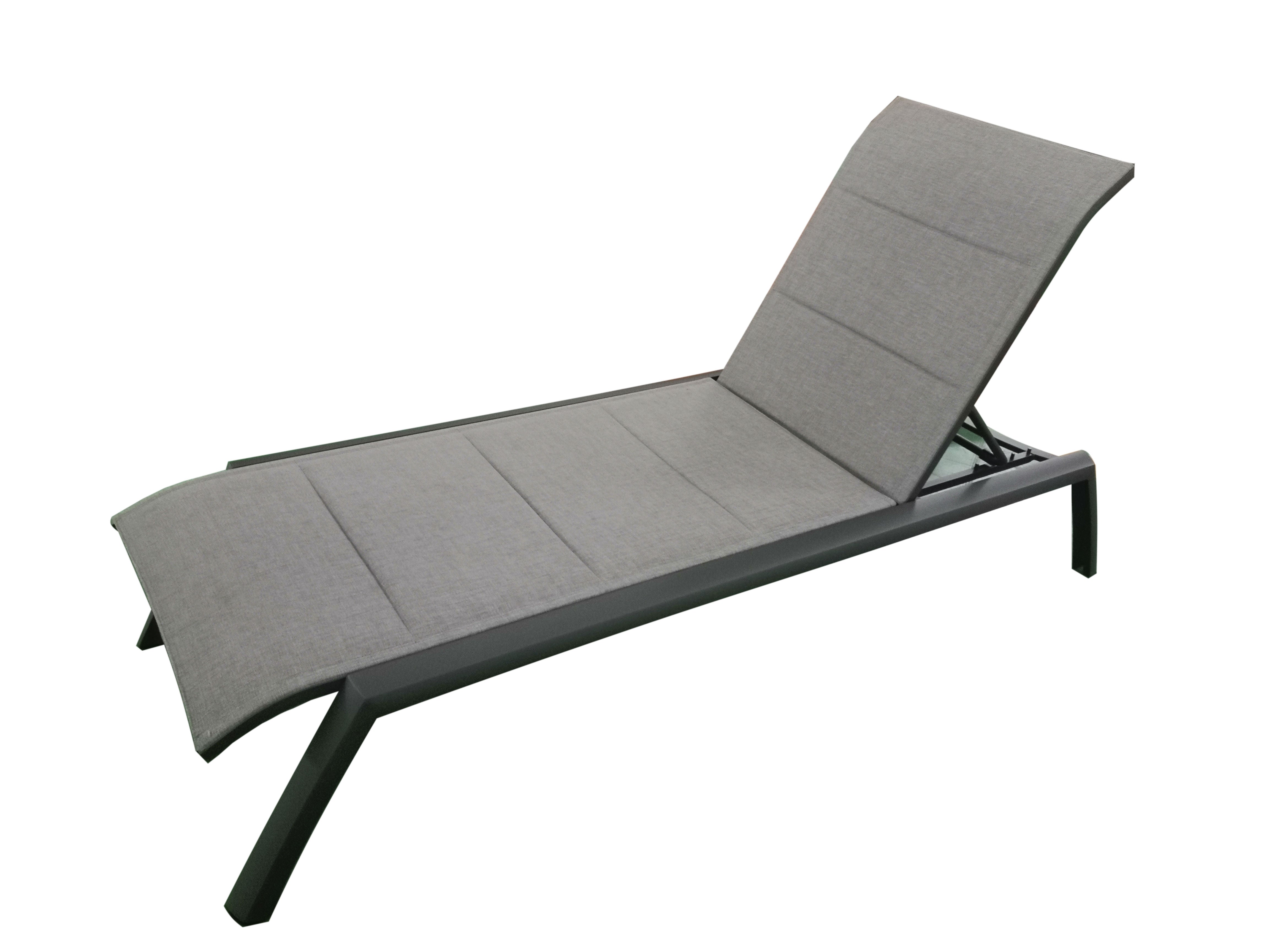 MOSS MOSS-0445GM - Akumal Collection, Charcoal matte aluminum reclining & stackable lounger chair with convenient small back wheels & with grey mix quick dry padded textilene 28 1/2" x 80" x H 14"