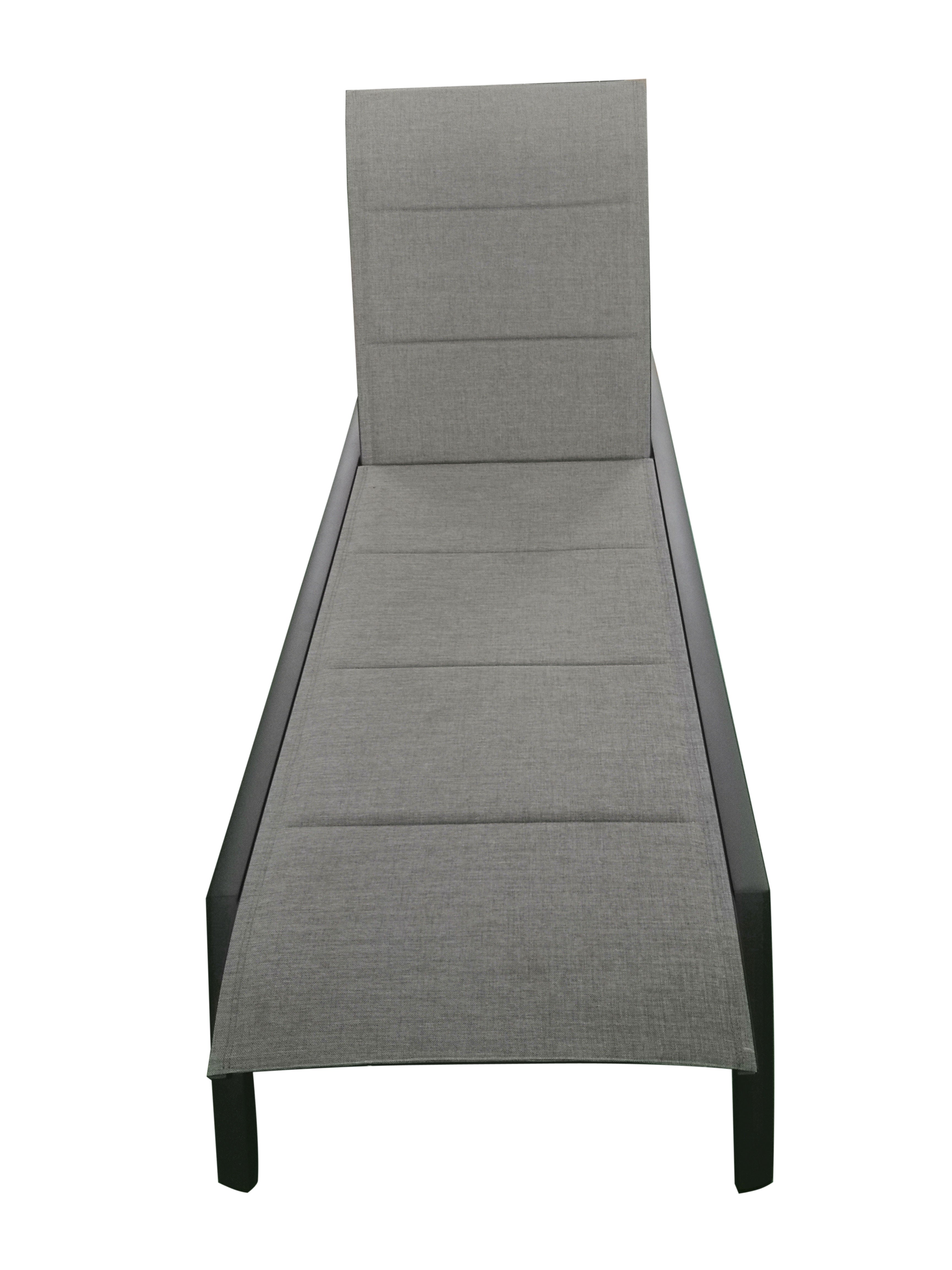MOSS MOSS-0445GM - Akumal Collection, Charcoal matte aluminum reclining & stackable lounger chair with convenient small back wheels & with grey mix quick dry padded textilene 28 1/2" x 80" x H 14"