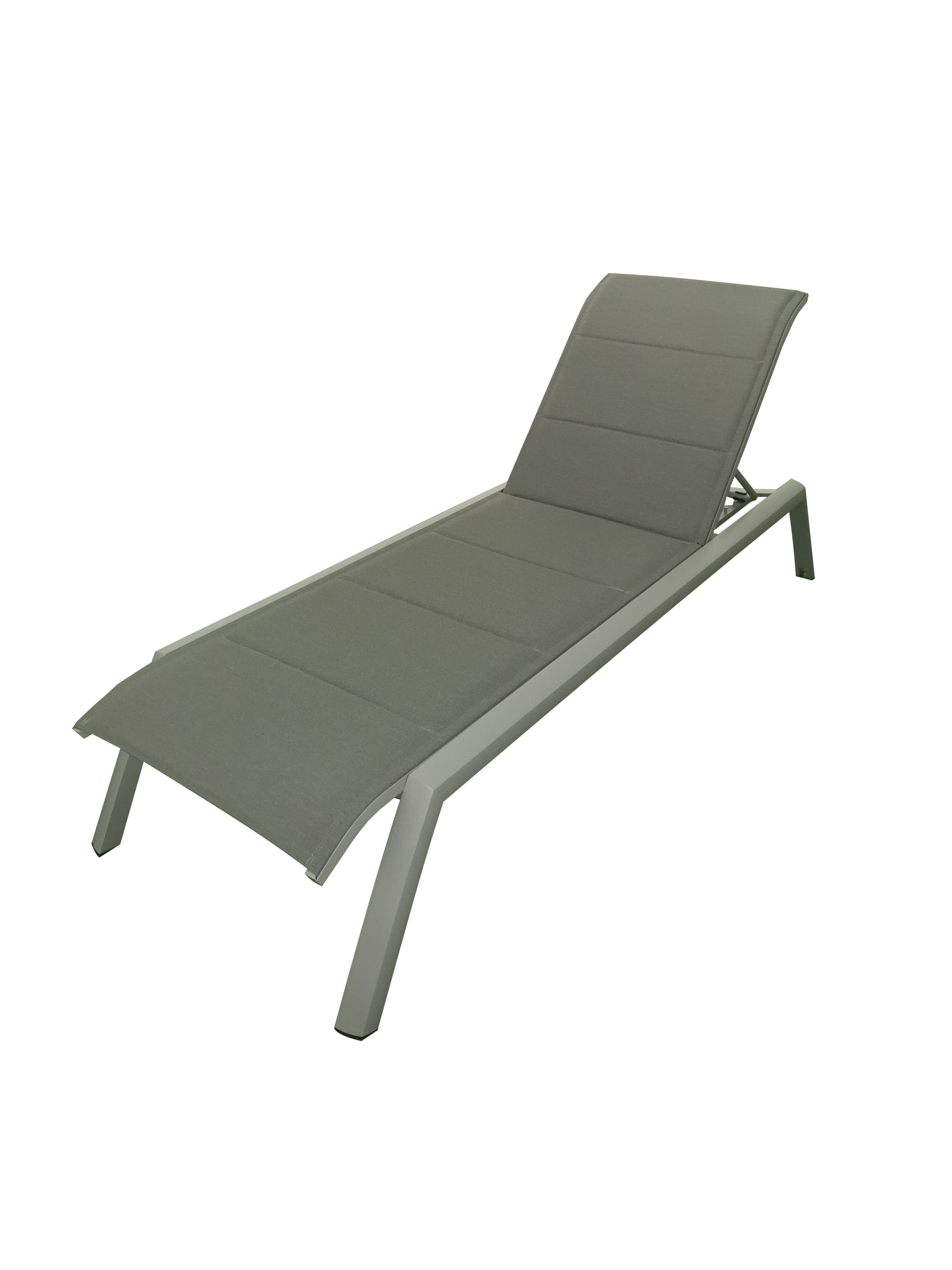 MOSS MOSS-0445GPM - Akumal Collection, Light Grey matte aluminum reclining & stackable lounger chair with convenient small back wheels & with grey mix quick dry padded textilene 28 1/2" x 80" x H 14"