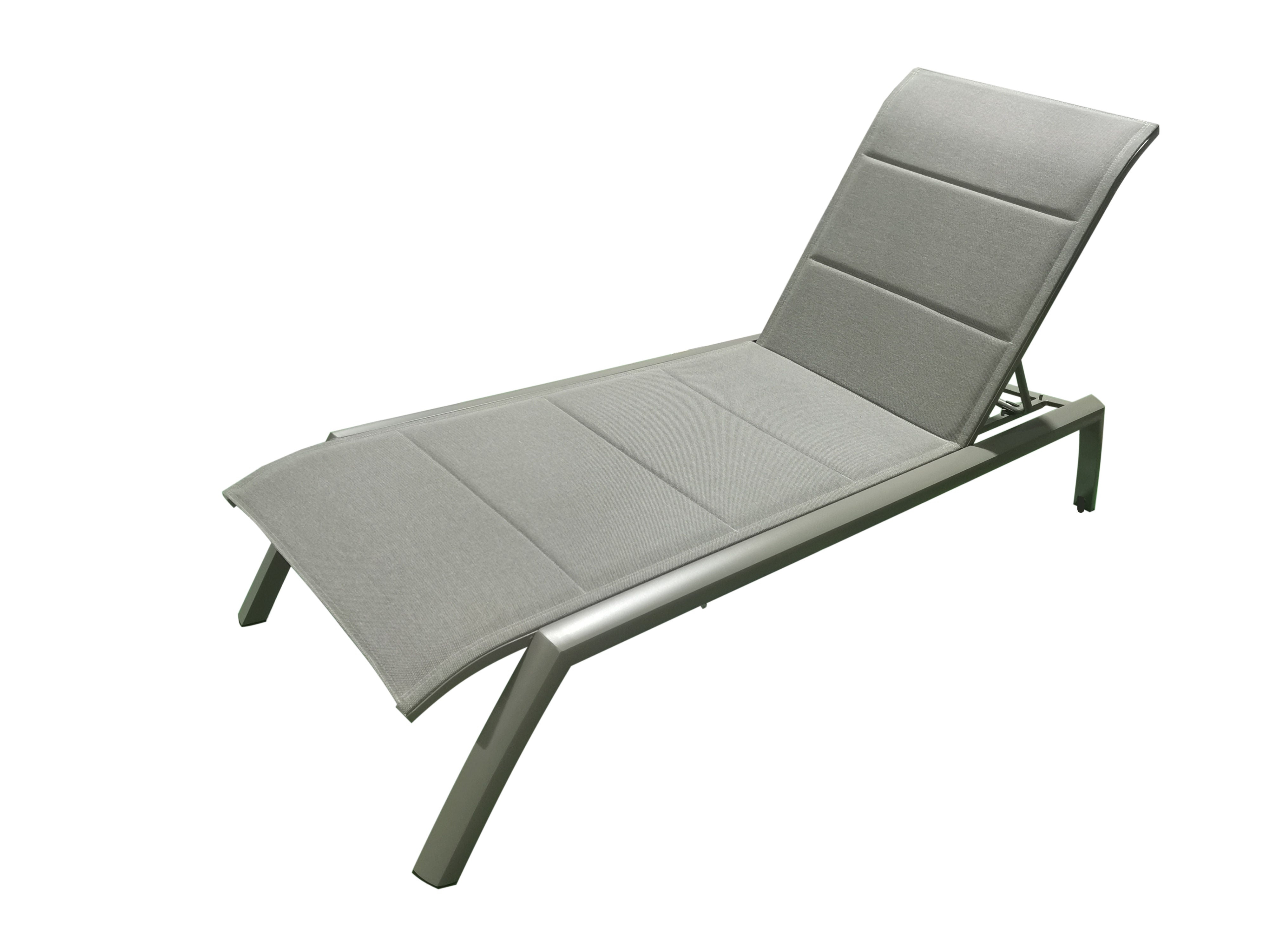 MOSS MOSS-0445TMA - Akumal Collection, Taupe matte aluminum reclining & stackable lounger chair with convenient small back wheels & with taupe mix quick dry padded textilene 28 1/2" x 80" x H 14"