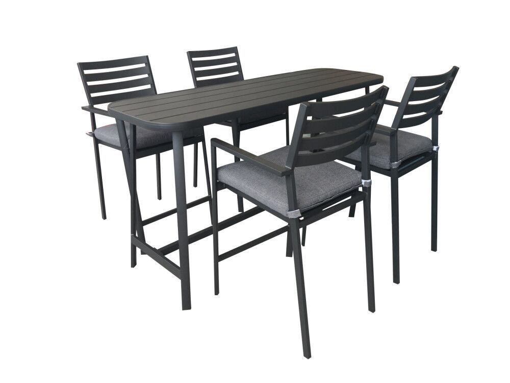 PatioZone 5Pcs Bar Set - Table + 4 Bar Chairs with 2" Olefin Cushion and Aluminum Frame (MOSS-0825) - Black / Heather Grey