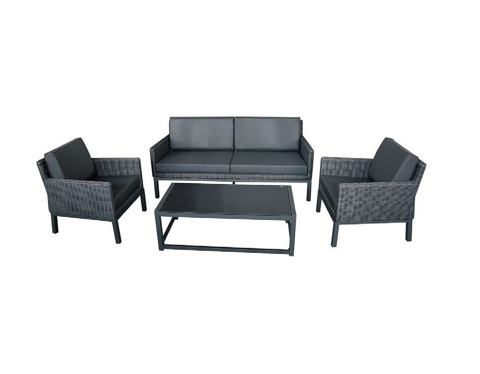 MOSS MOSS-0827NNC - Key West Collection, Black 4 pcs Deep seating sofa set in black flat wicker with 4" black textilene quick dry seat cushions and with black aluminum chair structure and black polywood table top