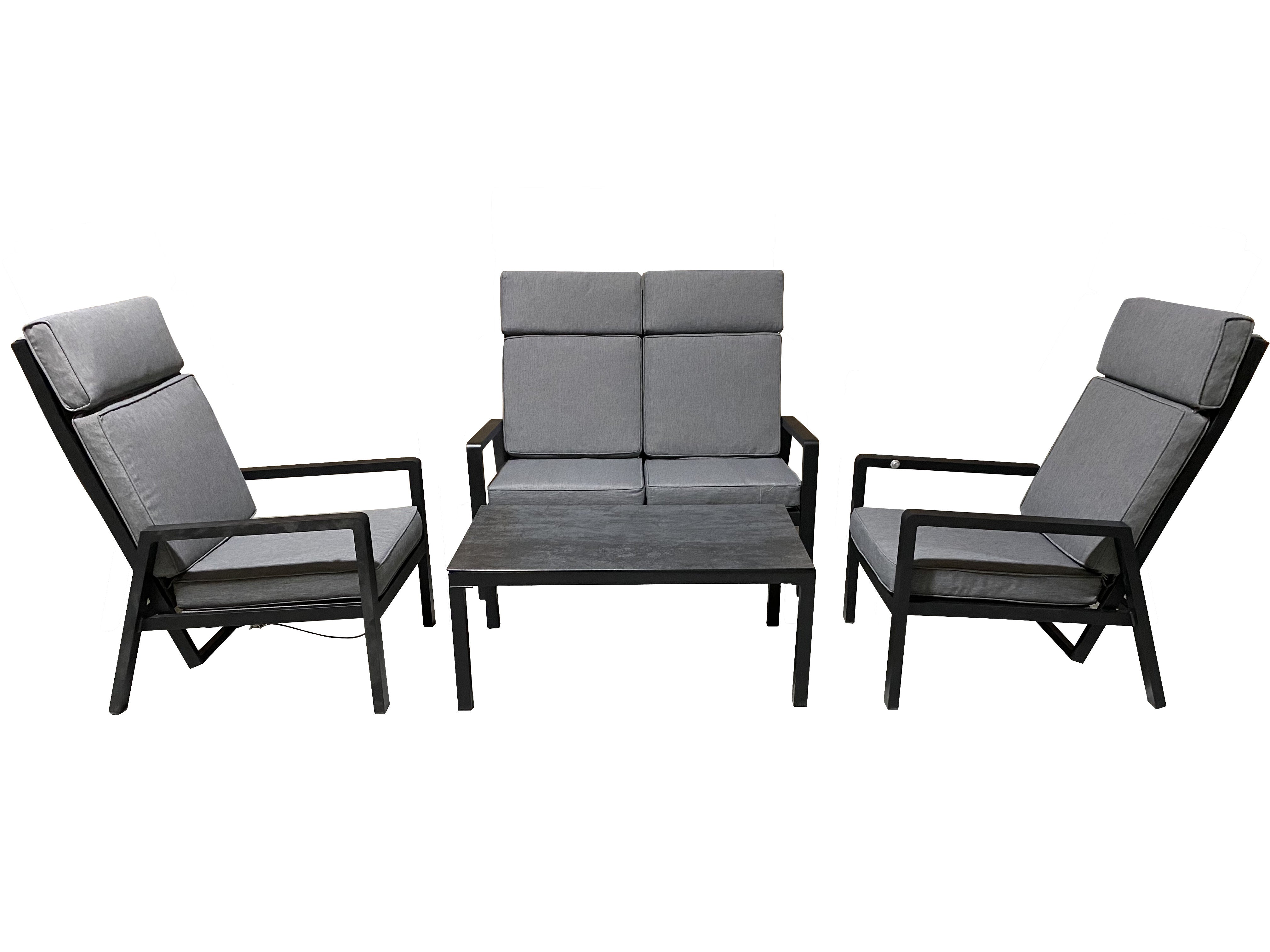 PatioZone 4Pcs Sofa Set with Reclining Chairs 3" Olefin Cushions and Aluminum Frame (MOSS-0926NC) - Black / Grey