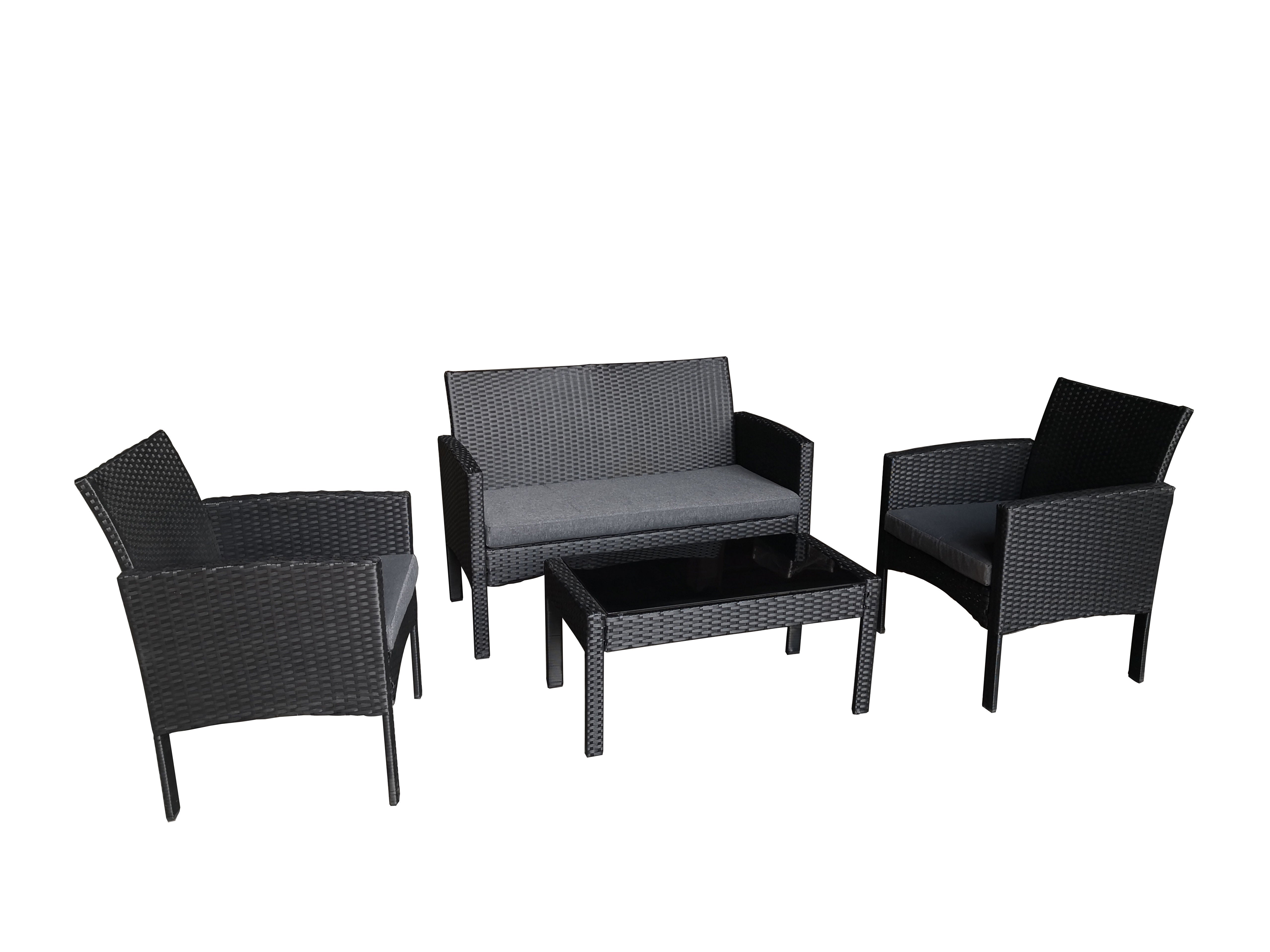 PatioZone 4Pcs Wicker Conversation Set with Polyester Cushions and Steel Frame (MOSS-MT22-607) - Black / Grey