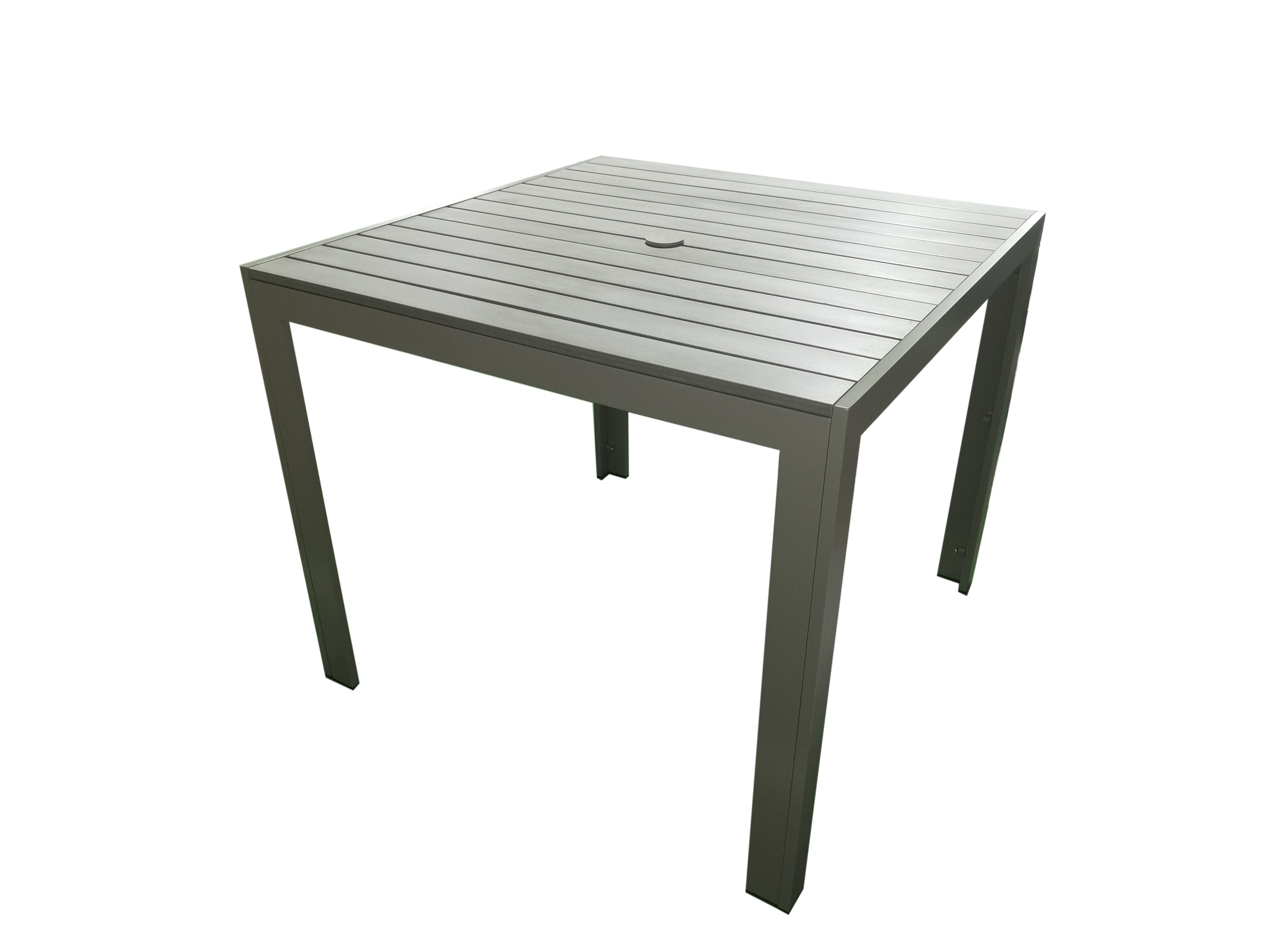 PatioZone Square Condo Table with Polywood Slats Tabletop w/ Umbrella Hole and Aluminum Frame (MOSS-T302T) - Matte Taupe
