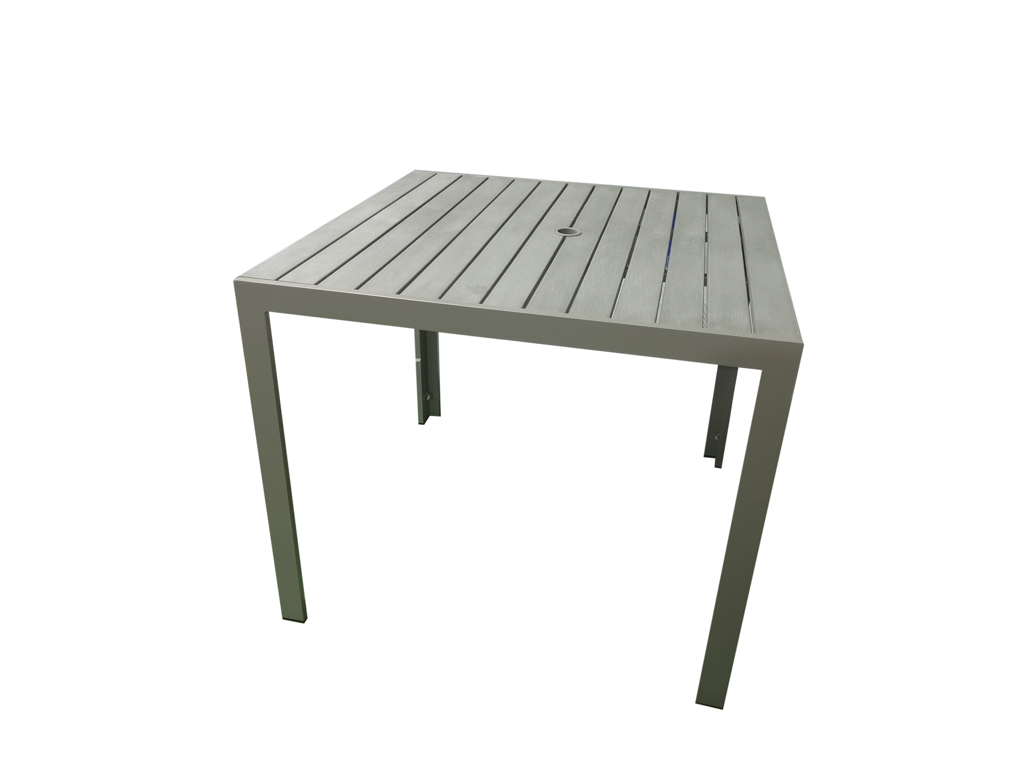 PatioZone Square Condo Table with Polywood Slats Tabletop w/ Umbrella Hole and Aluminum Frame (MOSS-T302T) - Matte Taupe
