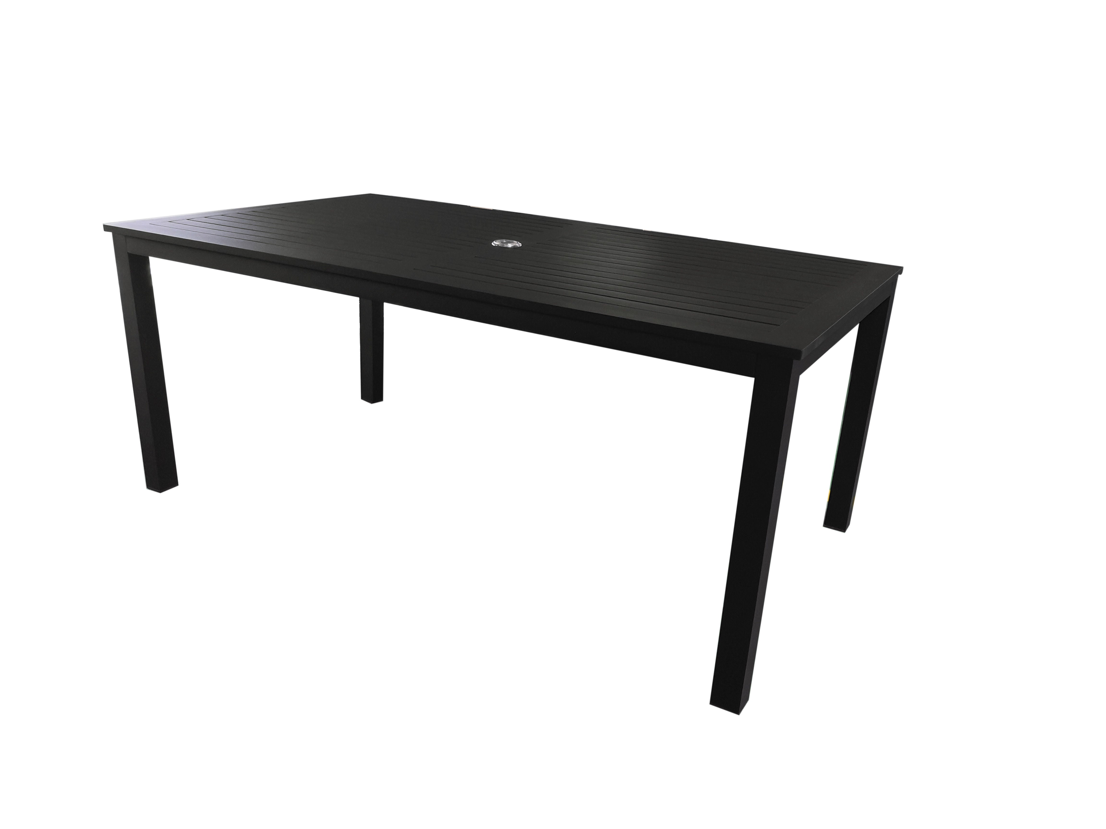 PatioZone Dining Table with Slated Tabletop w/Umbrella Hole in Middle and Aluminum Frame (MOSS-T304N) - Matte Black