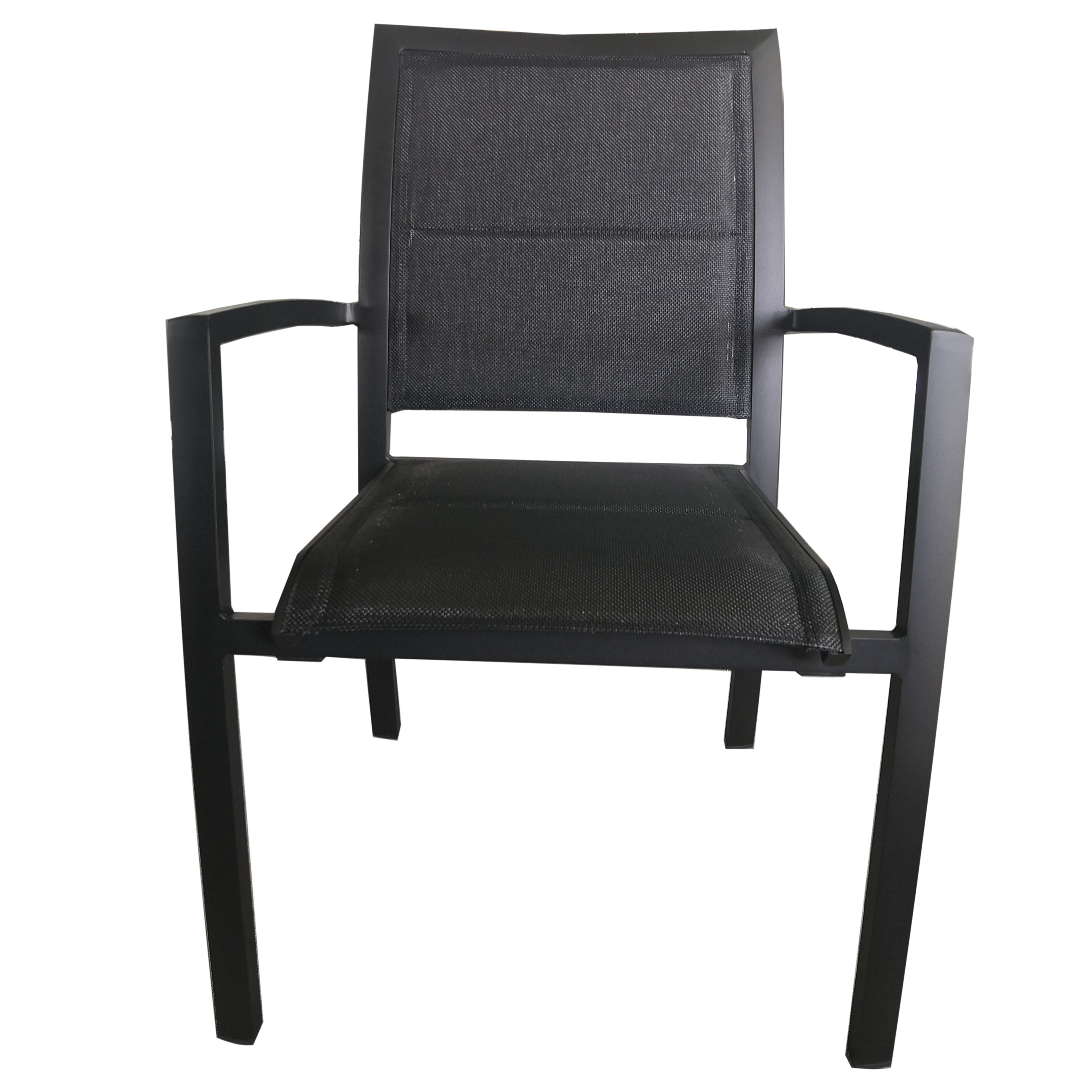MOSS MOSS-T316NN - Akumal Collection, Black matte aluminum stackable chair with quick dry padded black textilene seat 24" x 31" x H 36"