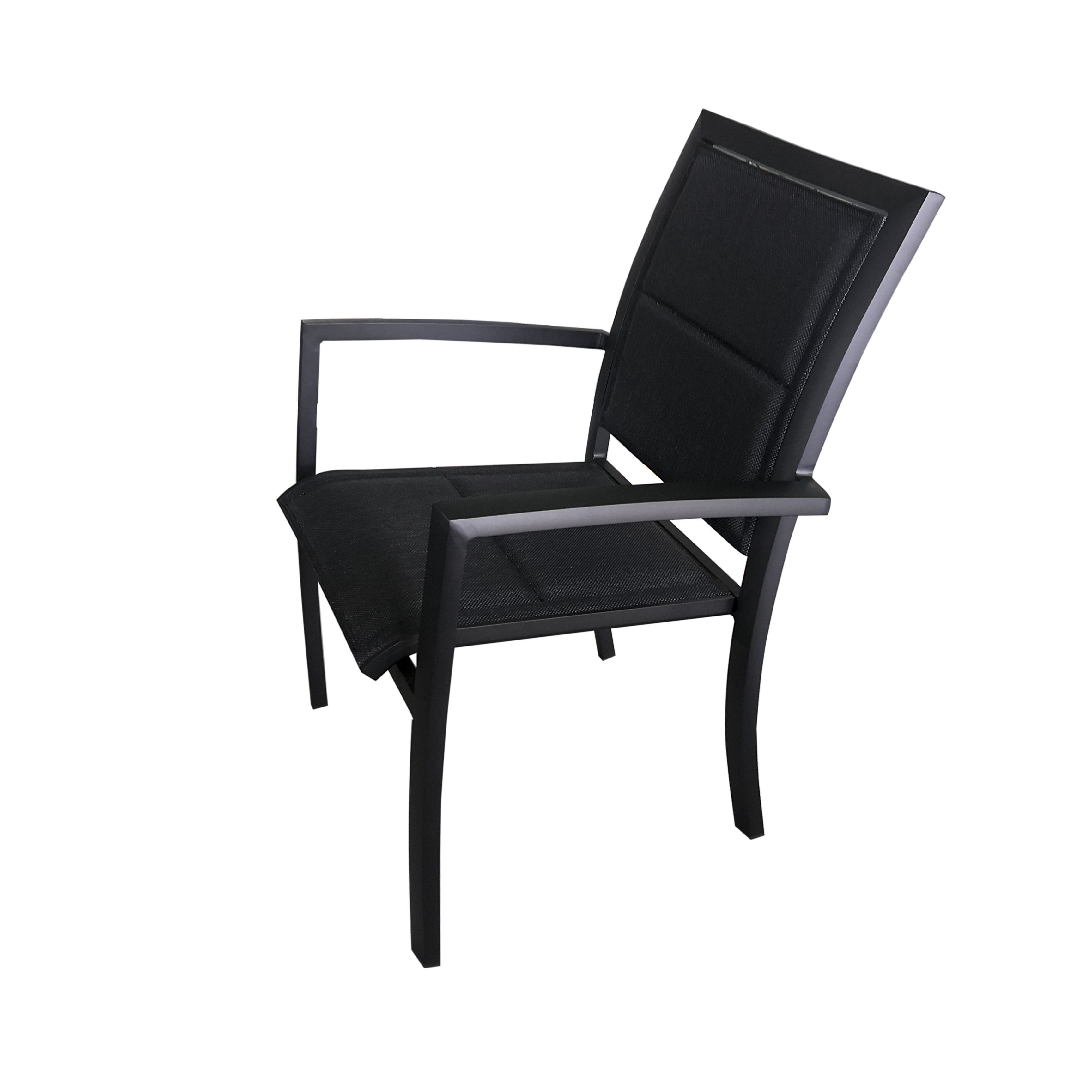 MOSS MOSS-T316NN - Akumal Collection, Black matte aluminum stackable chair with quick dry padded black textilene seat 24" x 31" x H 36"
