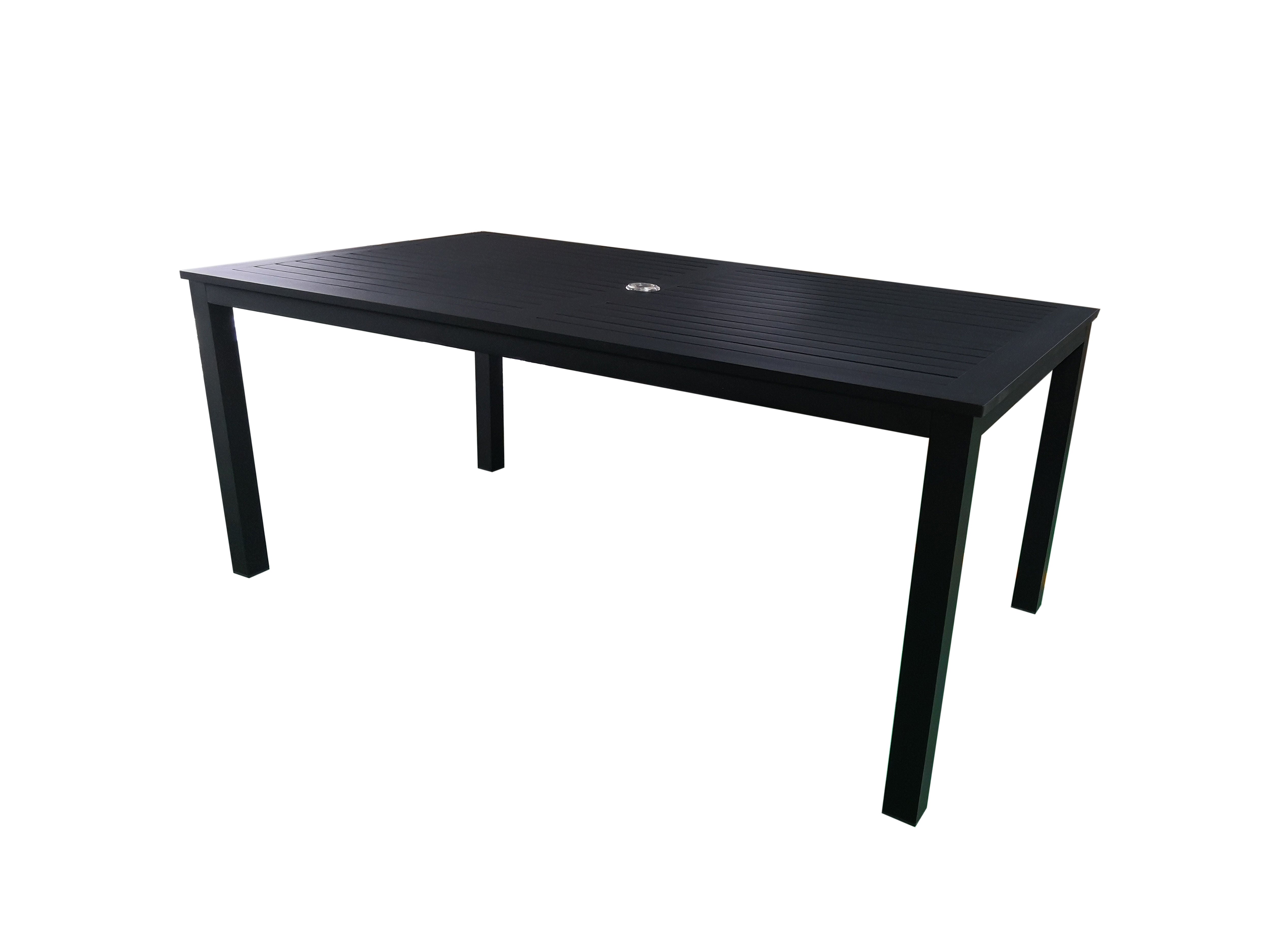 PatioZone Dining Table with Slated Tabletop w/Umbrella Hole in Middle and Aluminum Frame (MOSS-T297N) - Matte Black