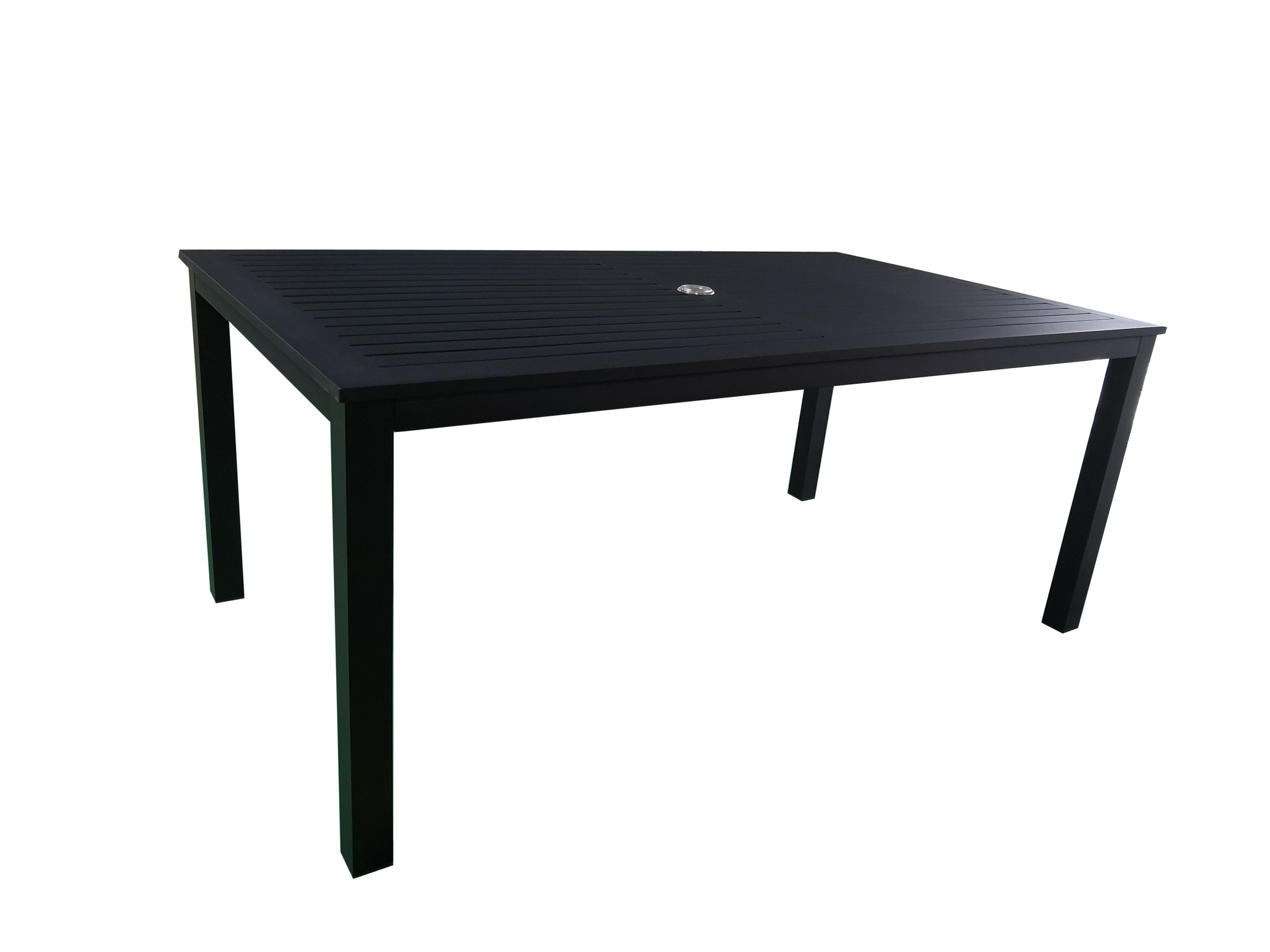 PatioZone Dining Table with Slated Tabletop w/Umbrella Hole in Middle and Aluminum Frame (MOSS-T297N) - Matte Black